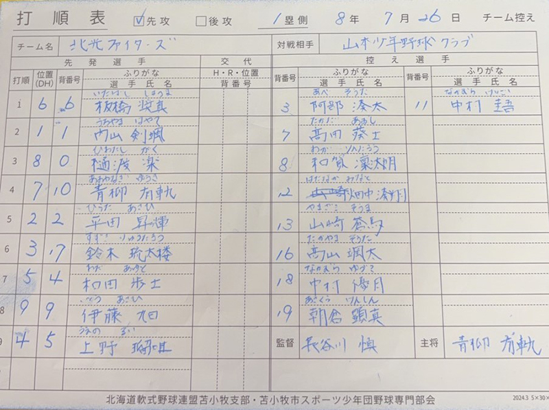 オーダー表・北光ファイターズ
