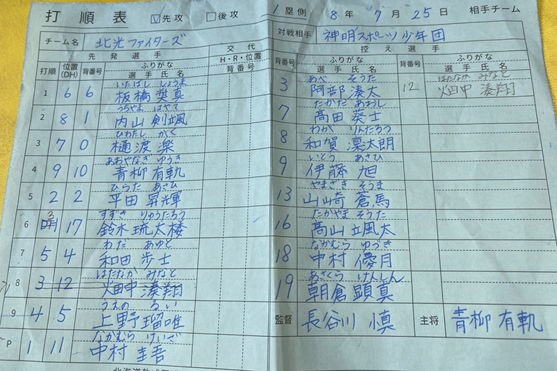 オーダー表・北光ファイターズ