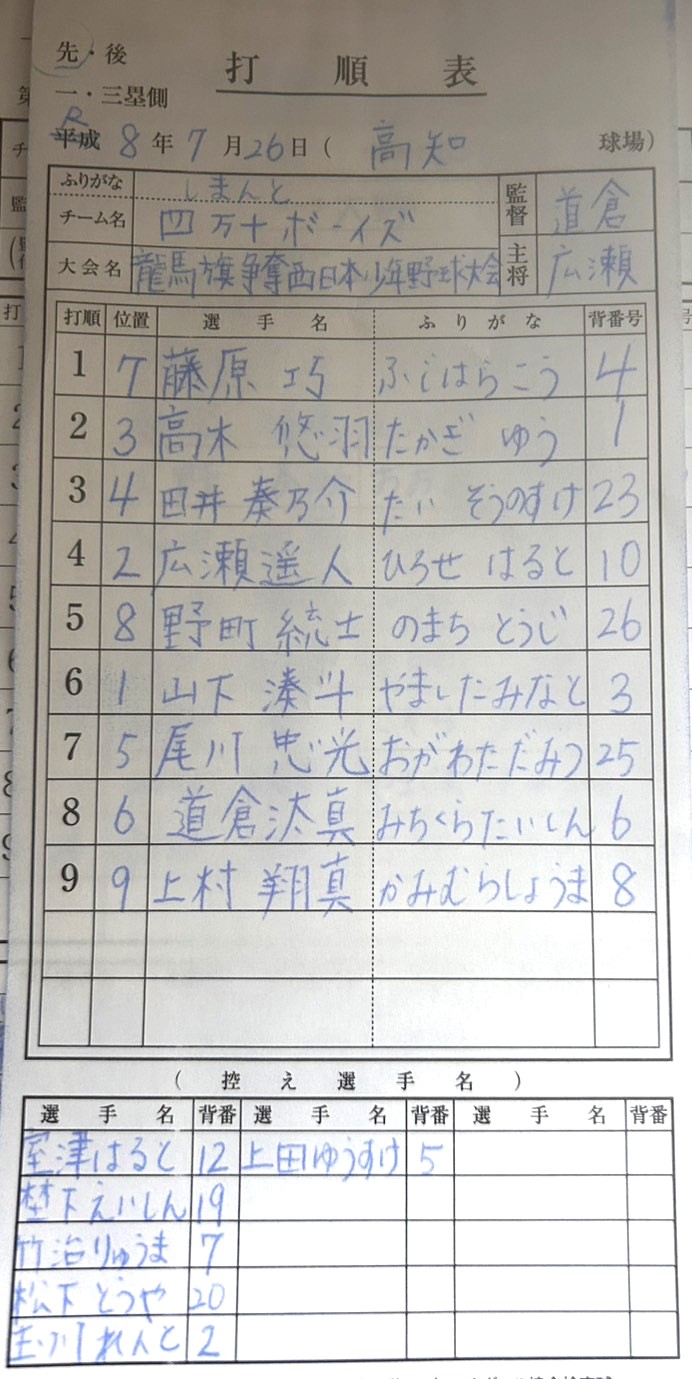 オーダー表・四万十ボーイズ