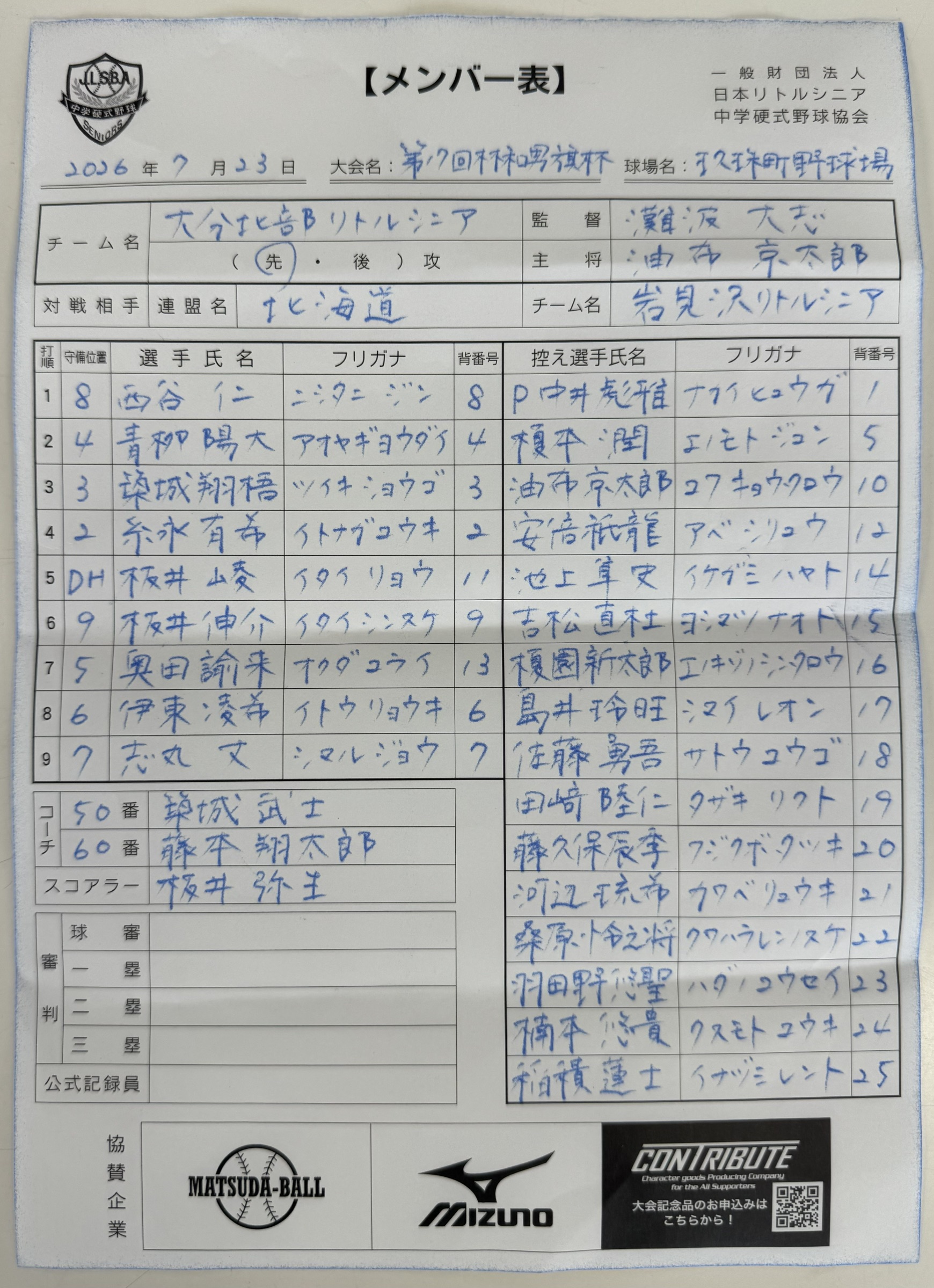 オーダー表・大分北部