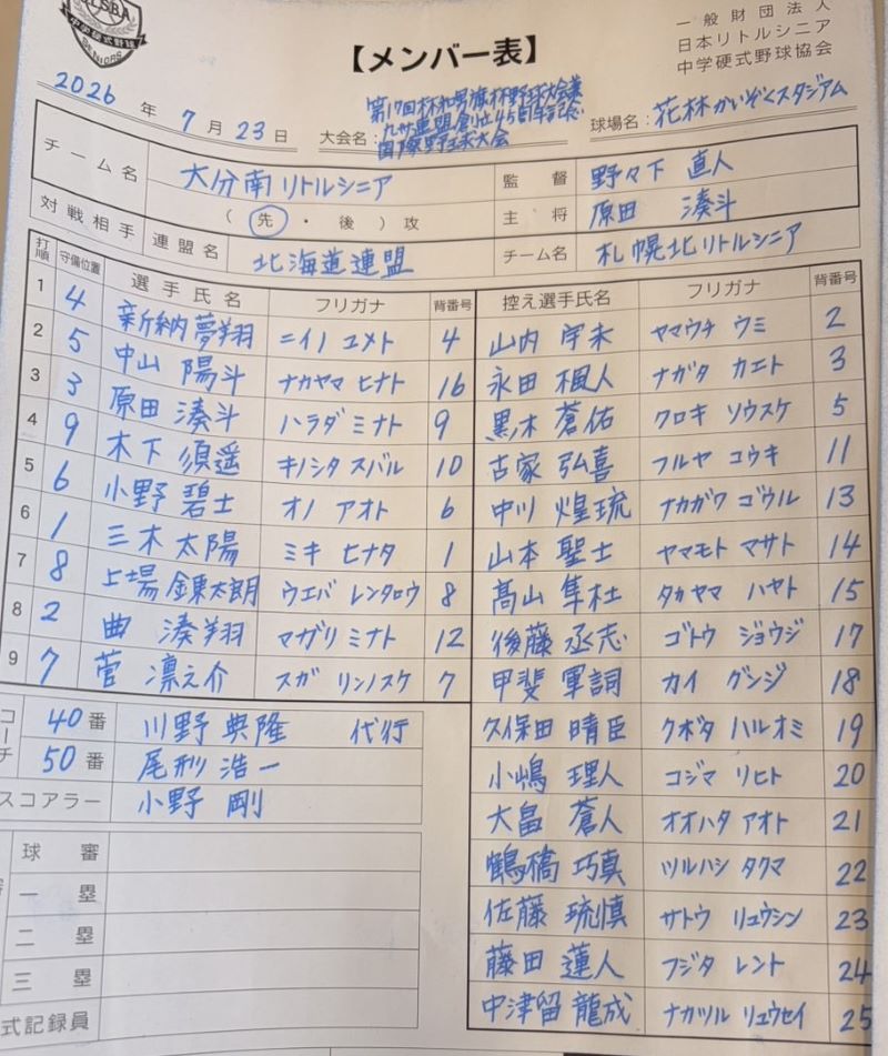 オーダー表・大分南
