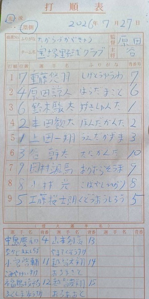 オーダー表・宝塚野球クラブ