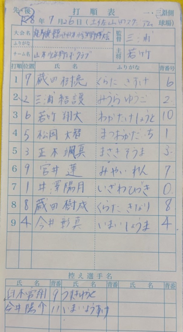 オーダー表・山本少年野球クラブ