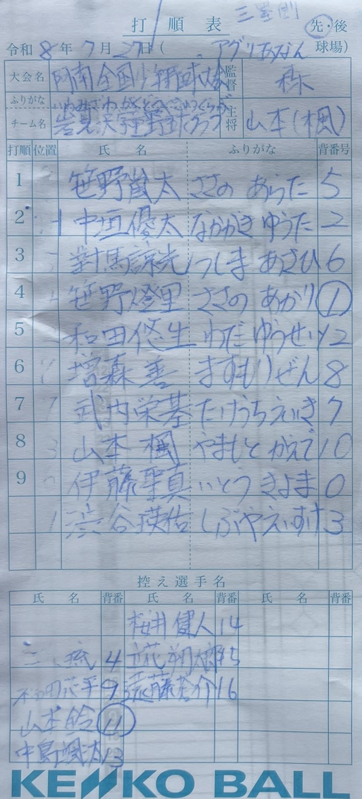 オーダー表・岩見沢学童野球クラブ（準決勝）