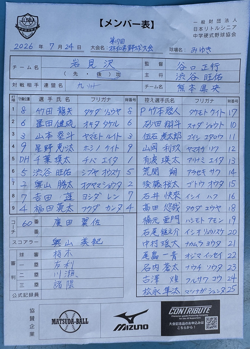 オーダー表・岩見沢（2回戦）