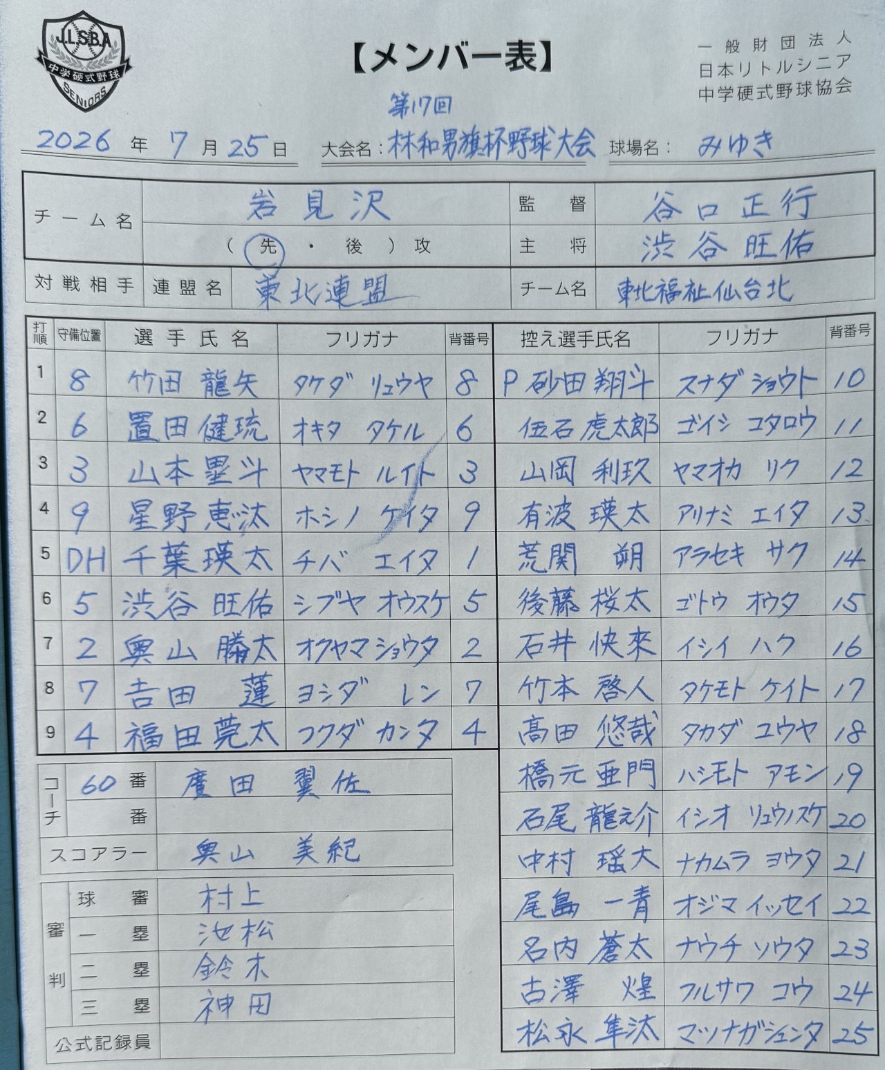 オーダー表・岩見沢（3回戦）