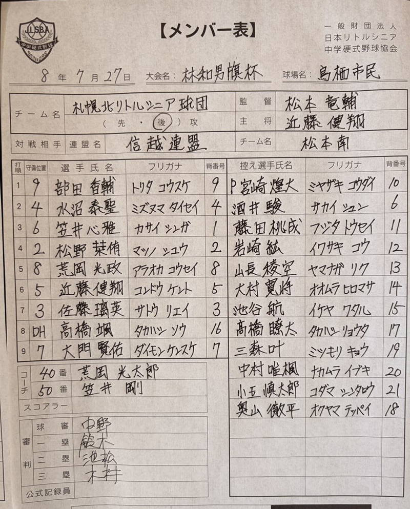 オーダー表・札幌北