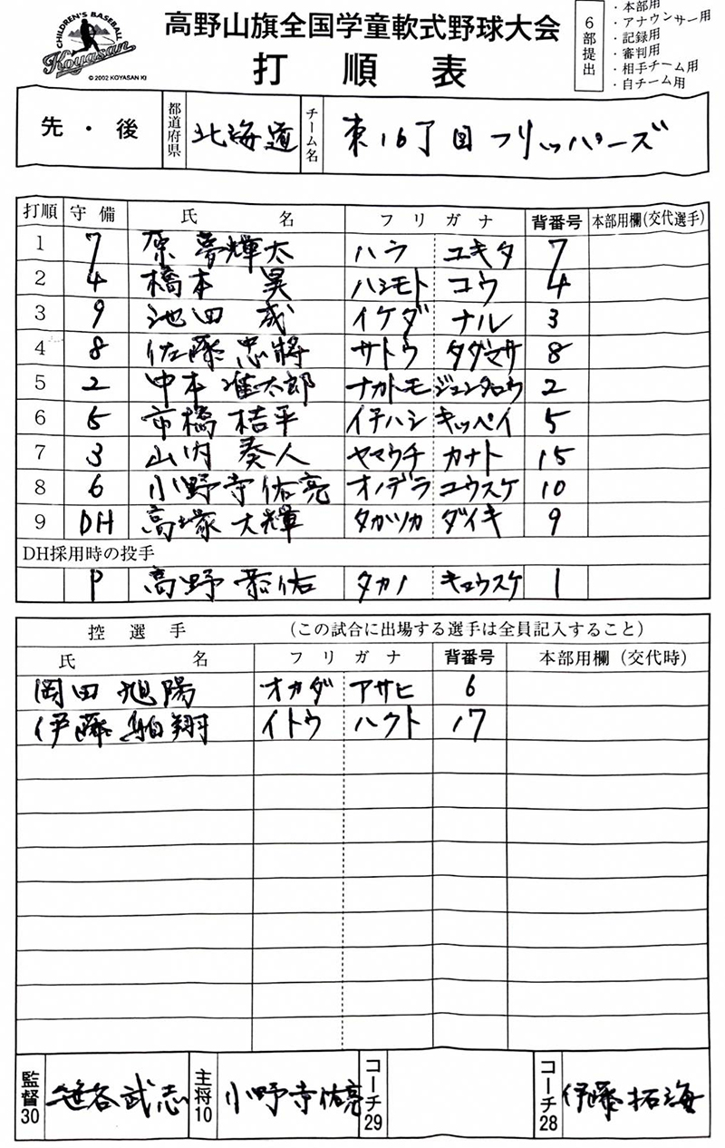 オーダー表・東16丁目