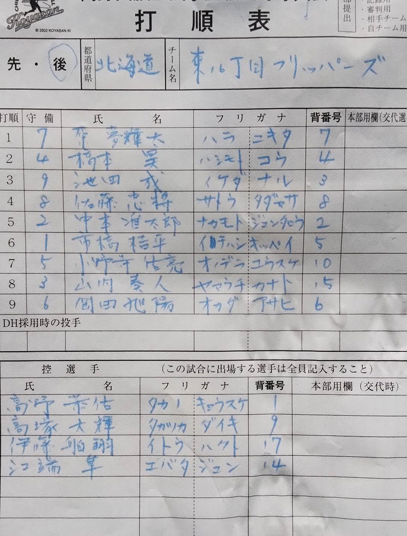 オーダー表・東16丁目フリッパーズ（準々決勝）