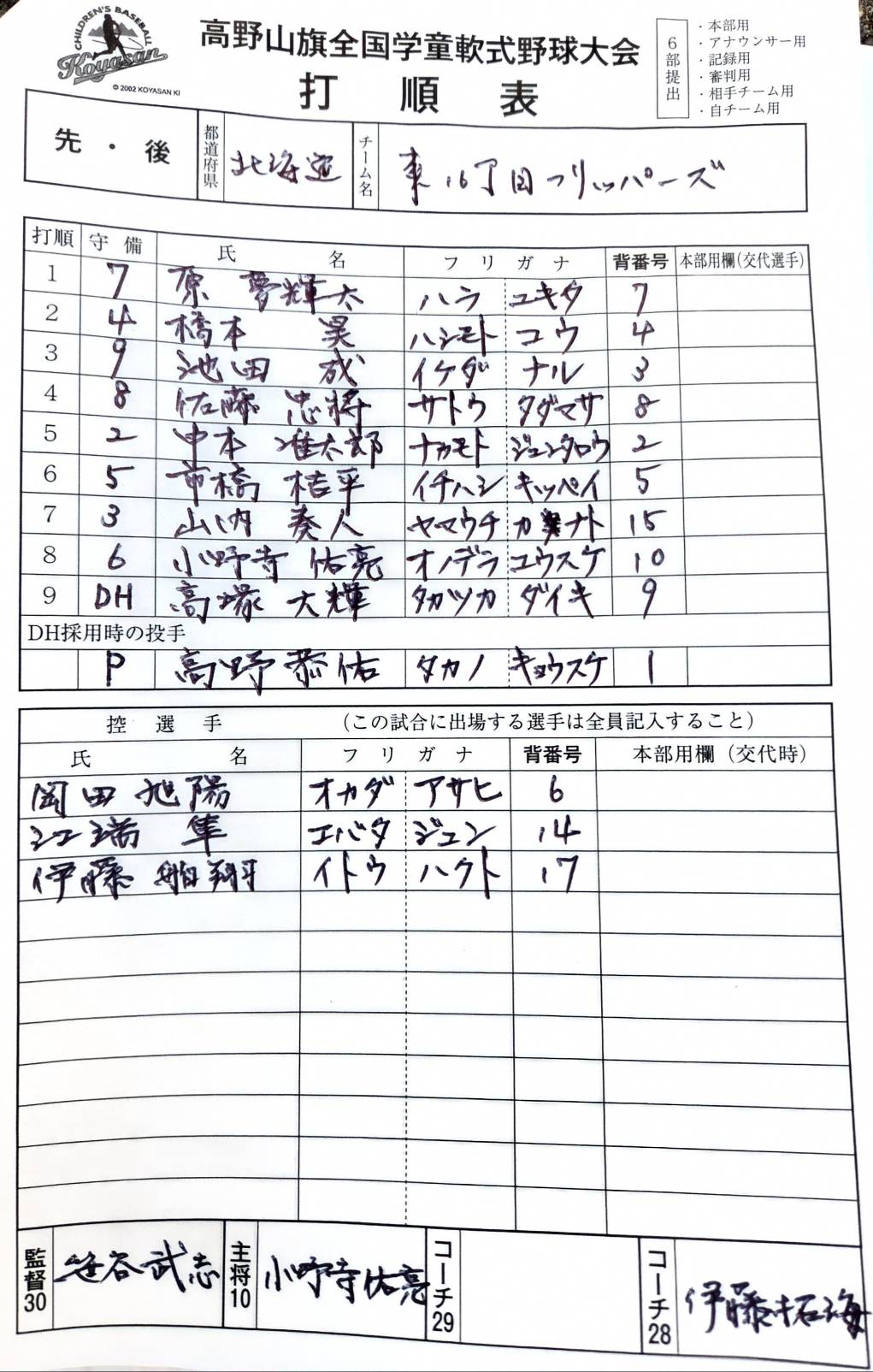 オーダー表・東16丁目フリッパーズ