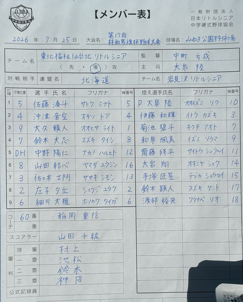 オーダー表・東北福祉仙台北