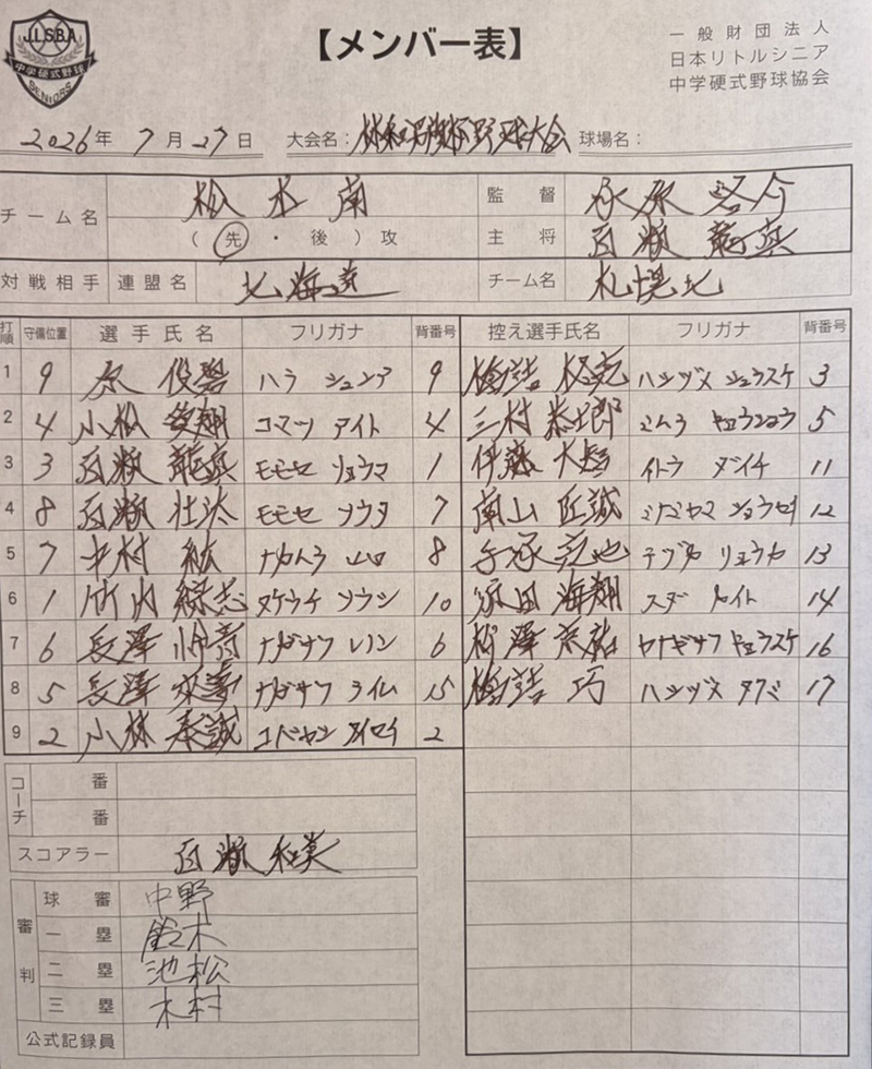 オーダー表・松本南