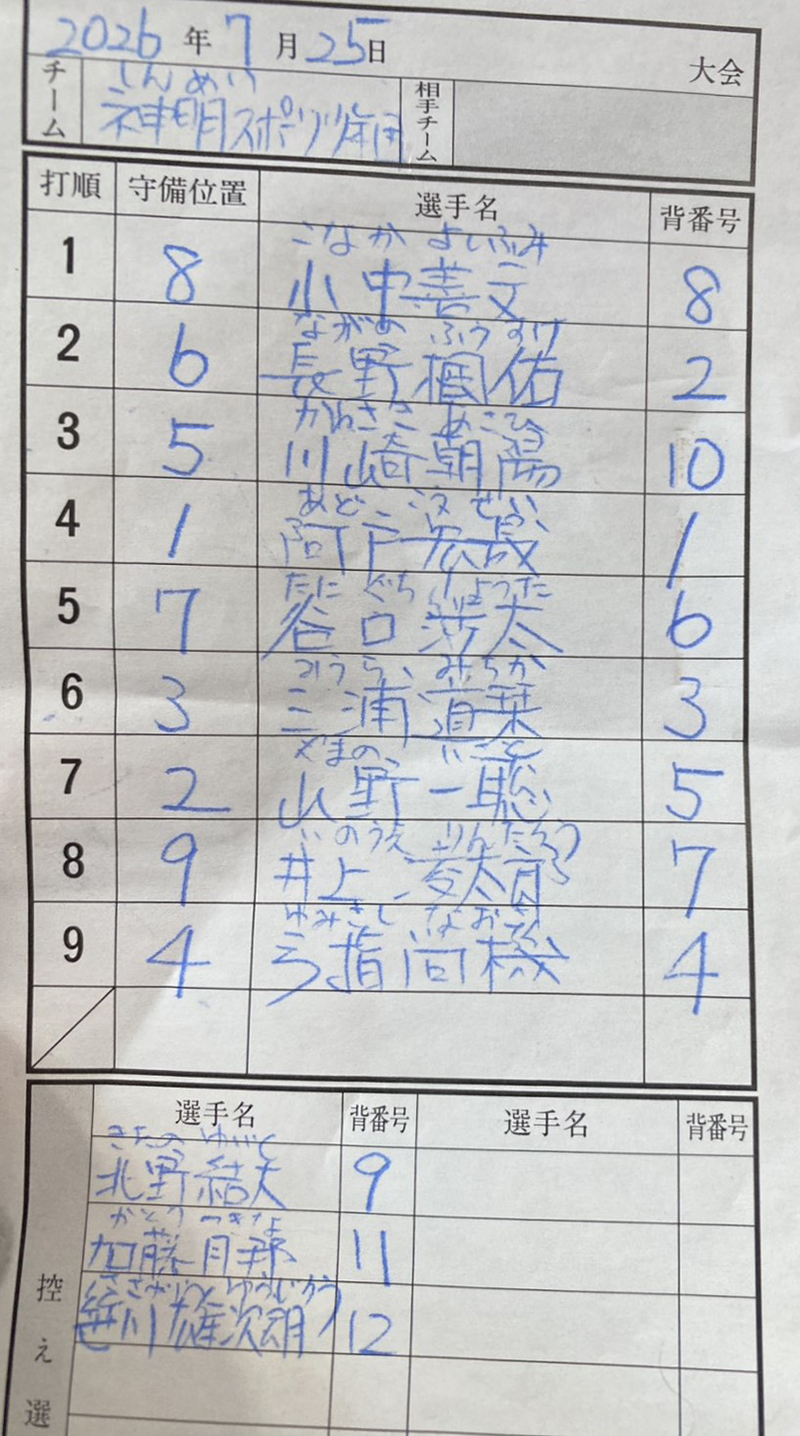オーダー表・神明スポーツ少年団