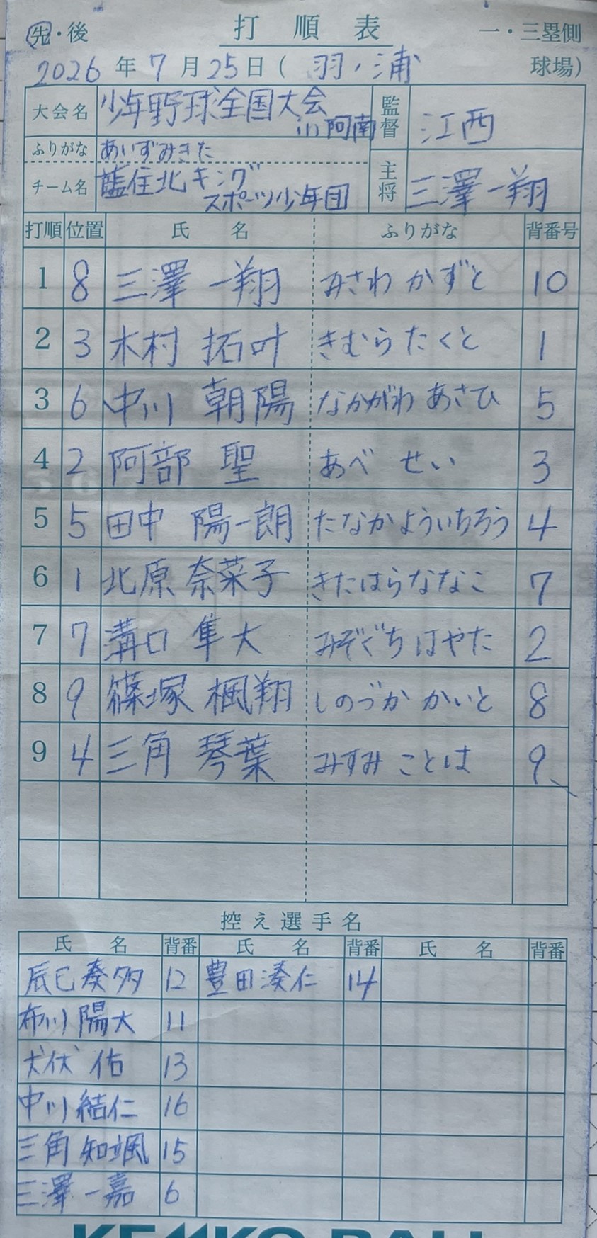 オーダー表・藍住北キングスポーツ少年団