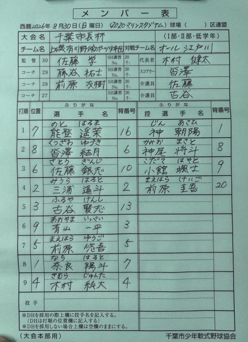 オーダー表・上磯有川（準決勝）