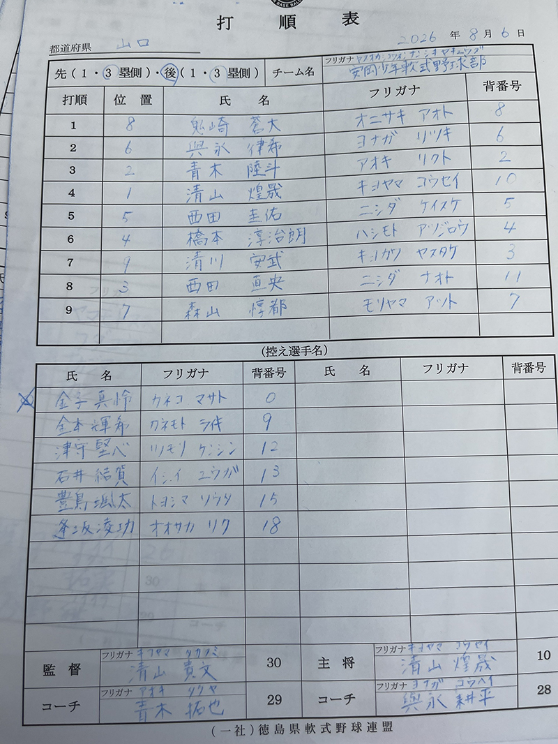 オーダー表・安岡少年野球部