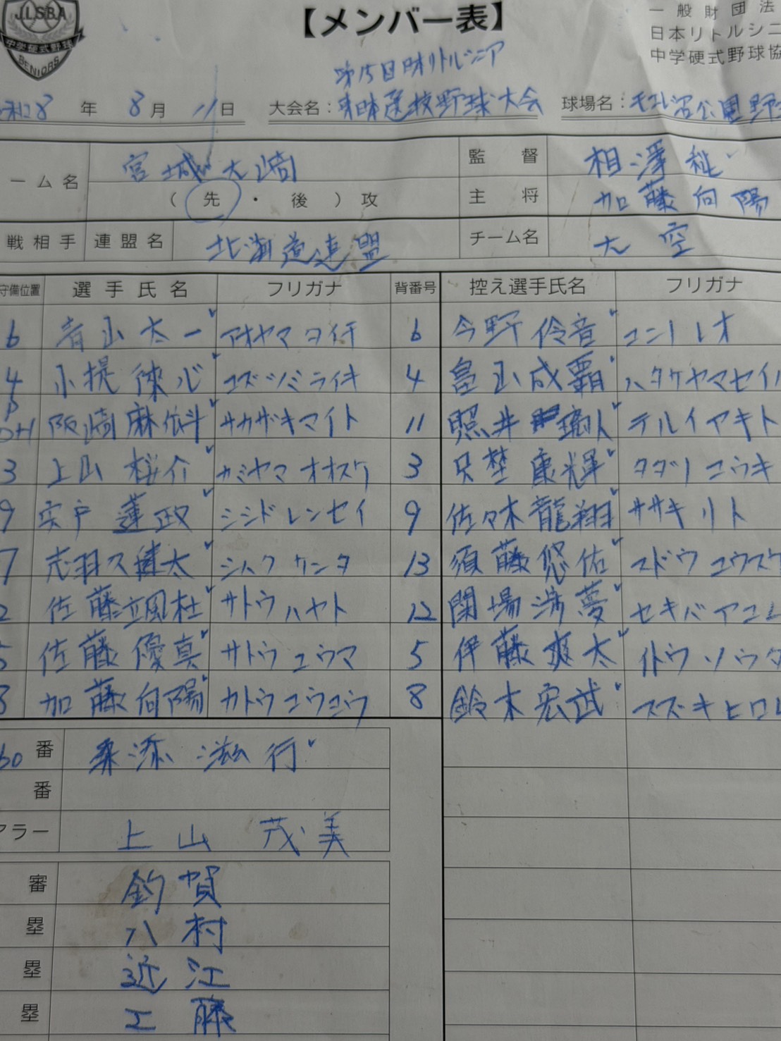 オーダー表・宮城大崎（先攻め）