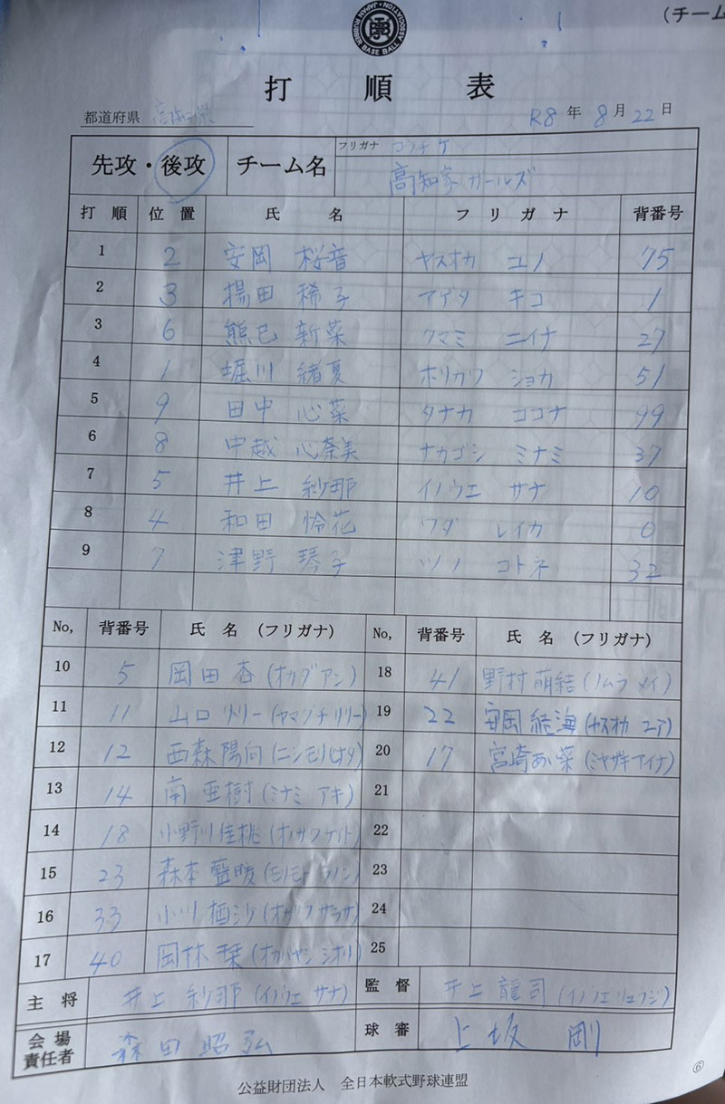 オーダー表・高知家ガールズ（後攻め）
