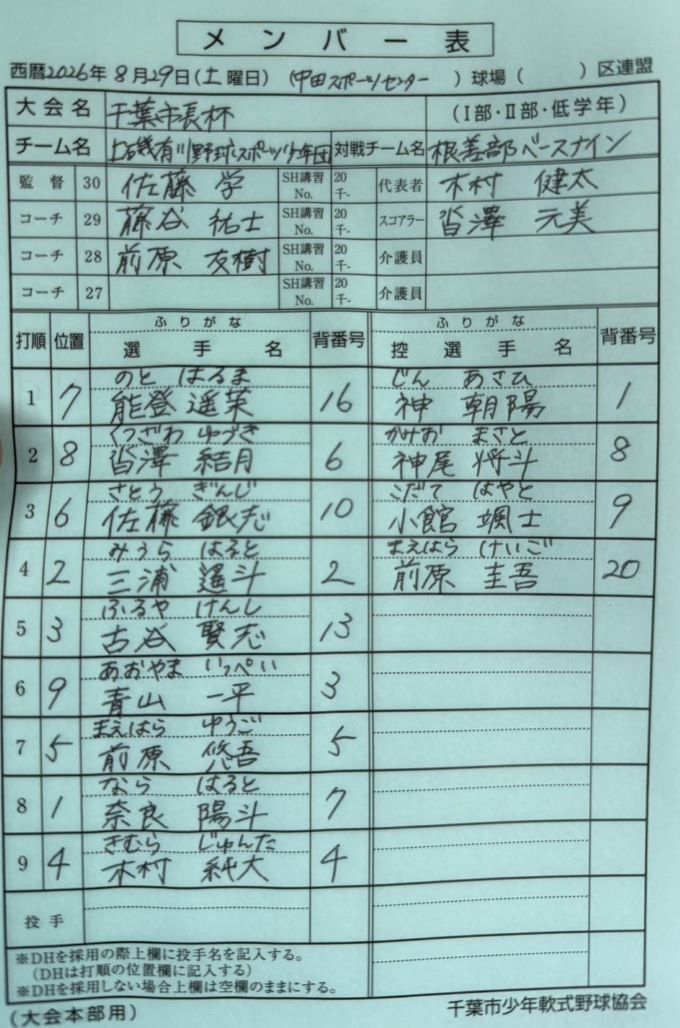 オーダー表・上磯有川野球スポーツ少年団