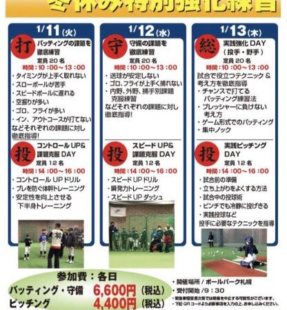 フィールドフォースボールパーク　2022　冬休み特別強化練習のご案内 