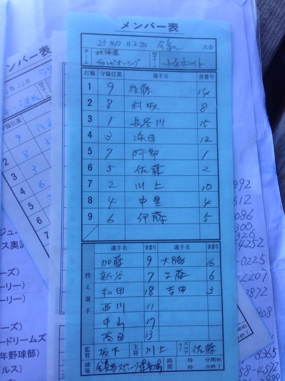 決勝戦のオーダー表