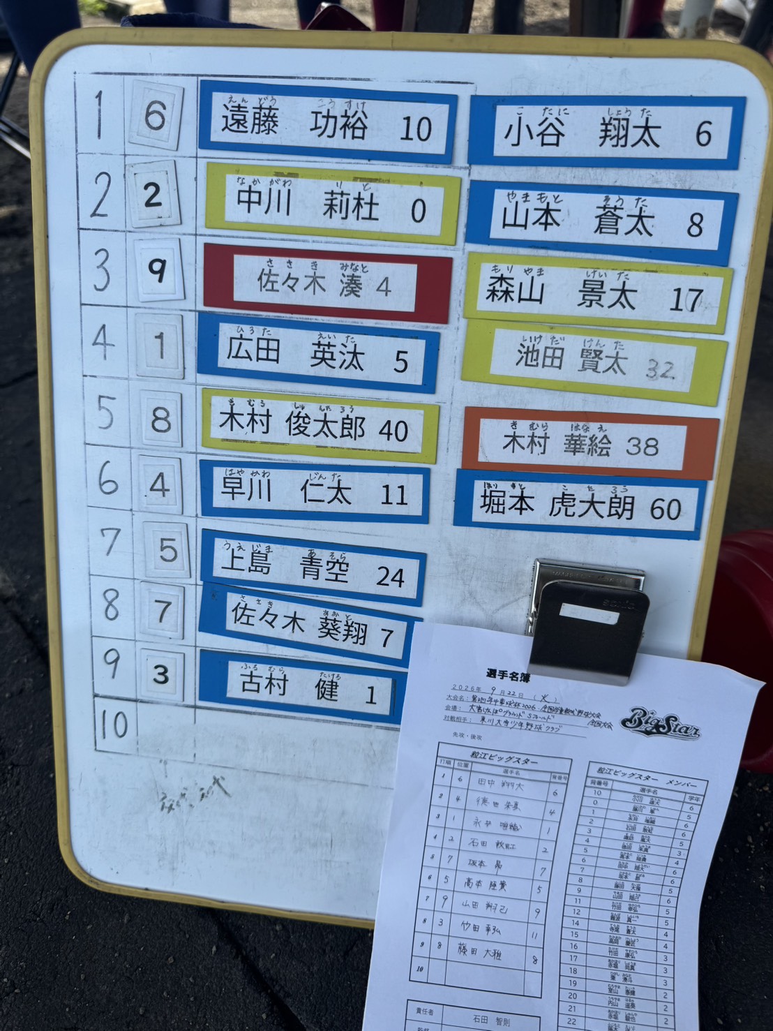 オーダー表・東川大雪少年野球クラブ