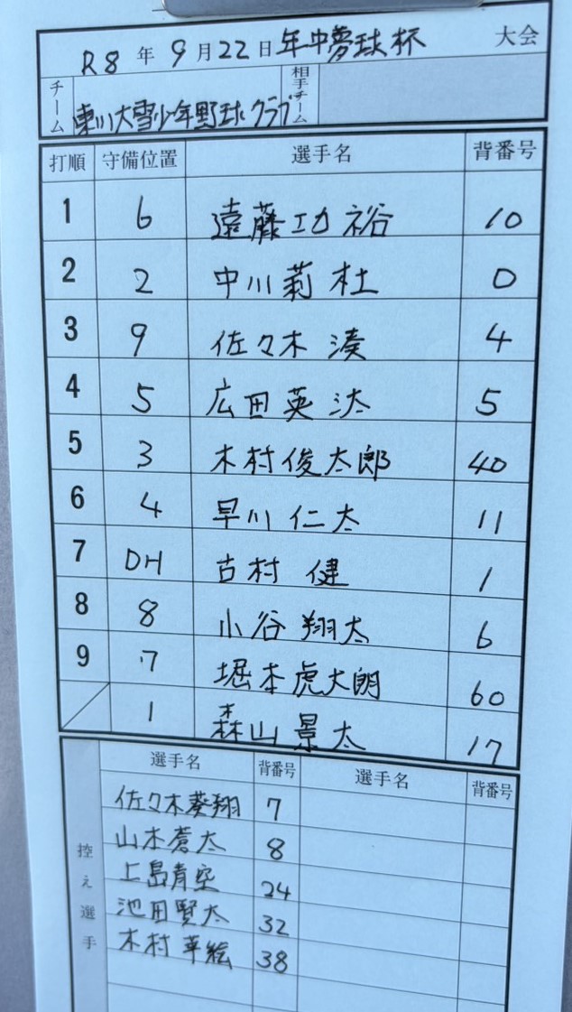オーダー表・東川大雪少年野球クラブ