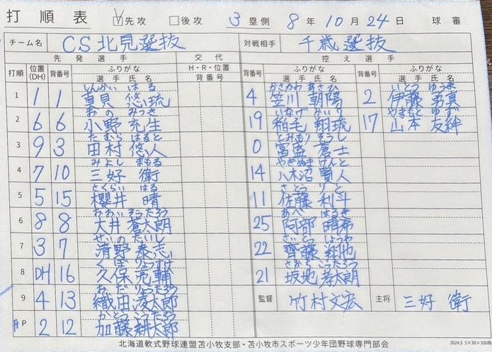 都市対抗戦E-1・CS北見選抜オーダー表