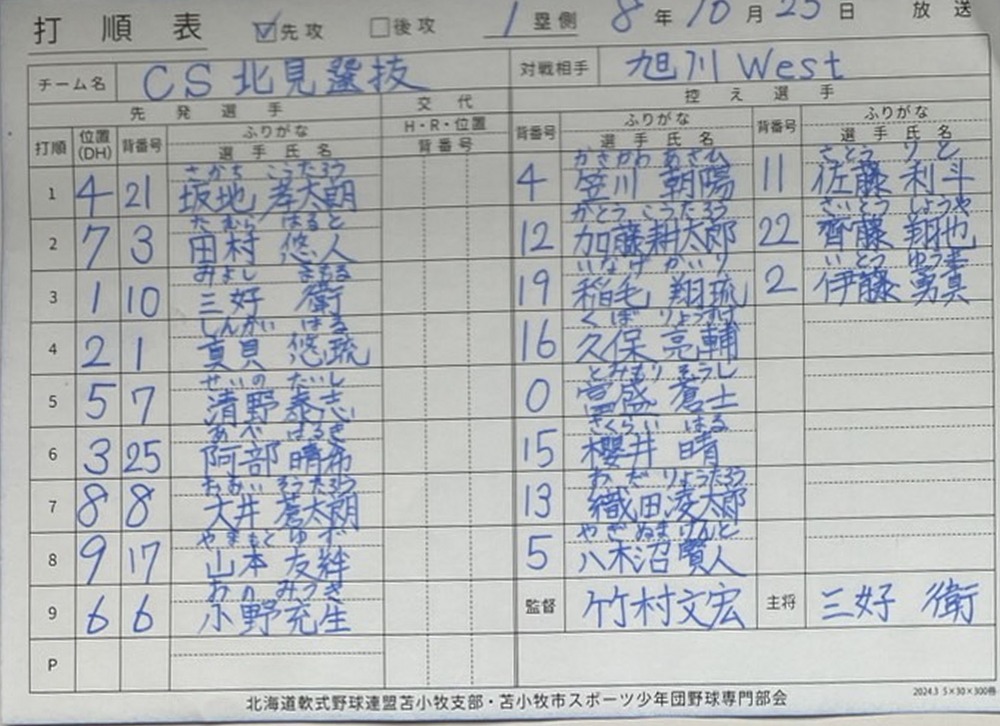 準々決勝A-4・CS北見選抜オーダー表