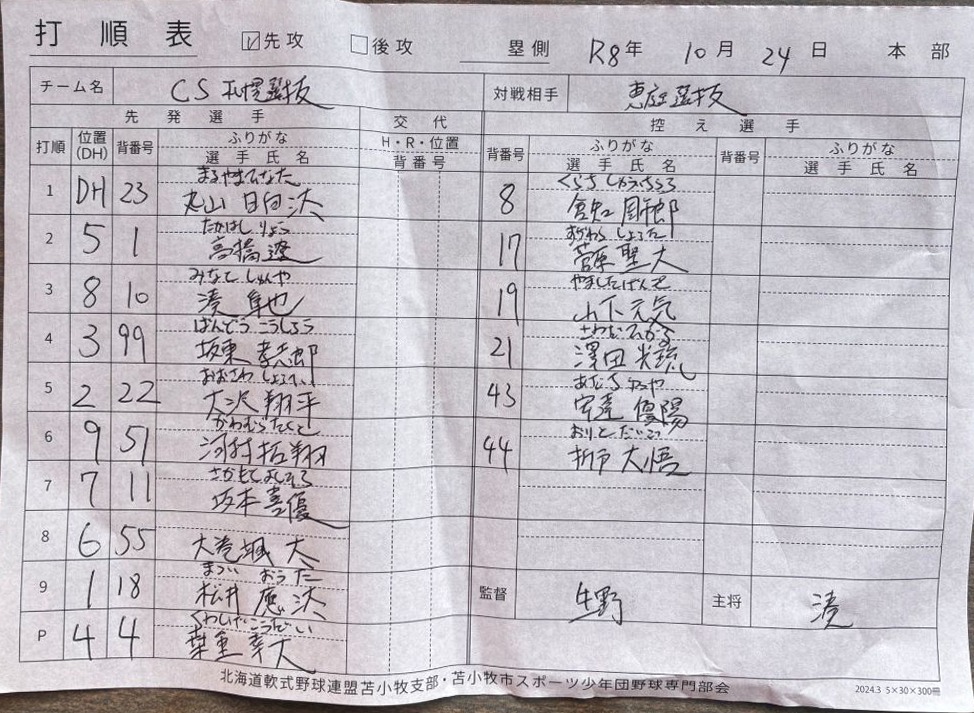 都市対抗戦D-3・CS札幌選抜オーダー表