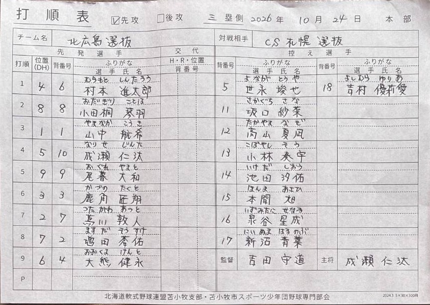 都市対抗戦D-2・北広島選抜オーダー表