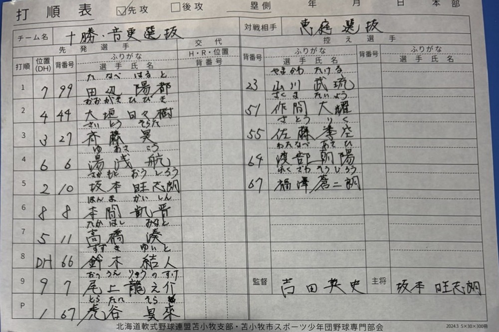 準々決勝E-5・十勝・音更選抜オーダー表