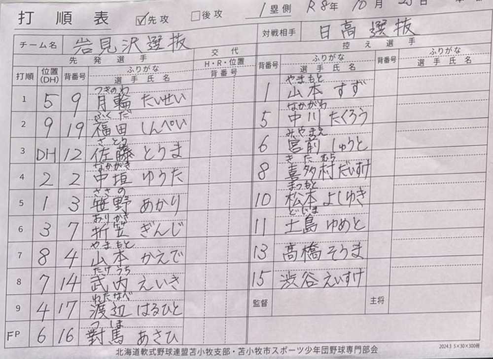 準々決勝A-5・岩見沢選抜オーダー表