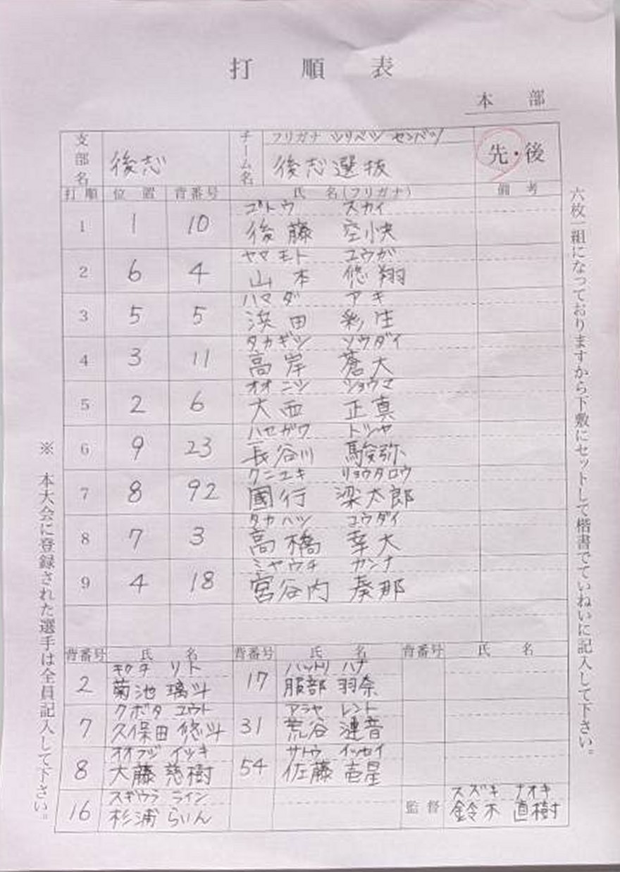 都市対抗戦G-2・後志選抜オーダー表