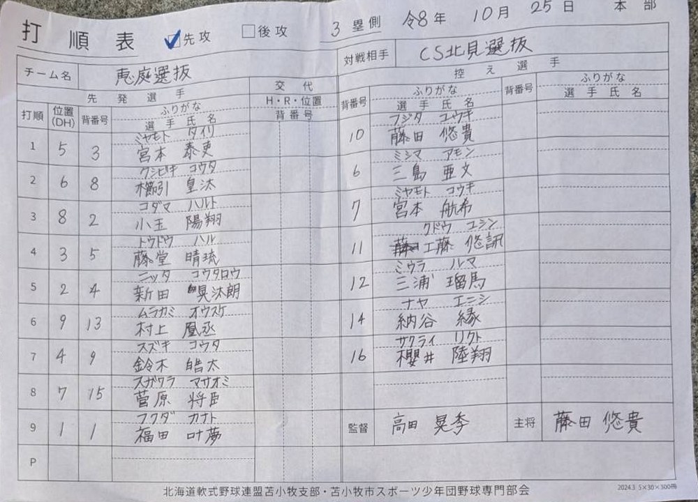 3位決定戦E-7・恵庭選抜オーダー表
