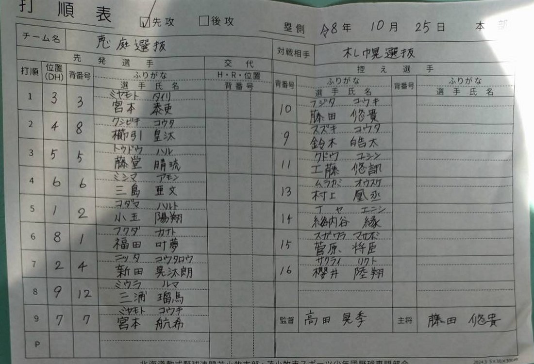 準決勝E-6・恵庭選抜オーダー表