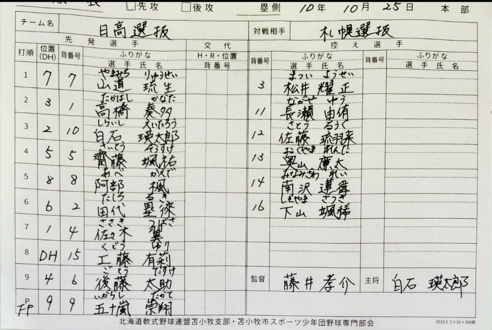 決勝A-7・日高選抜オーダー表
