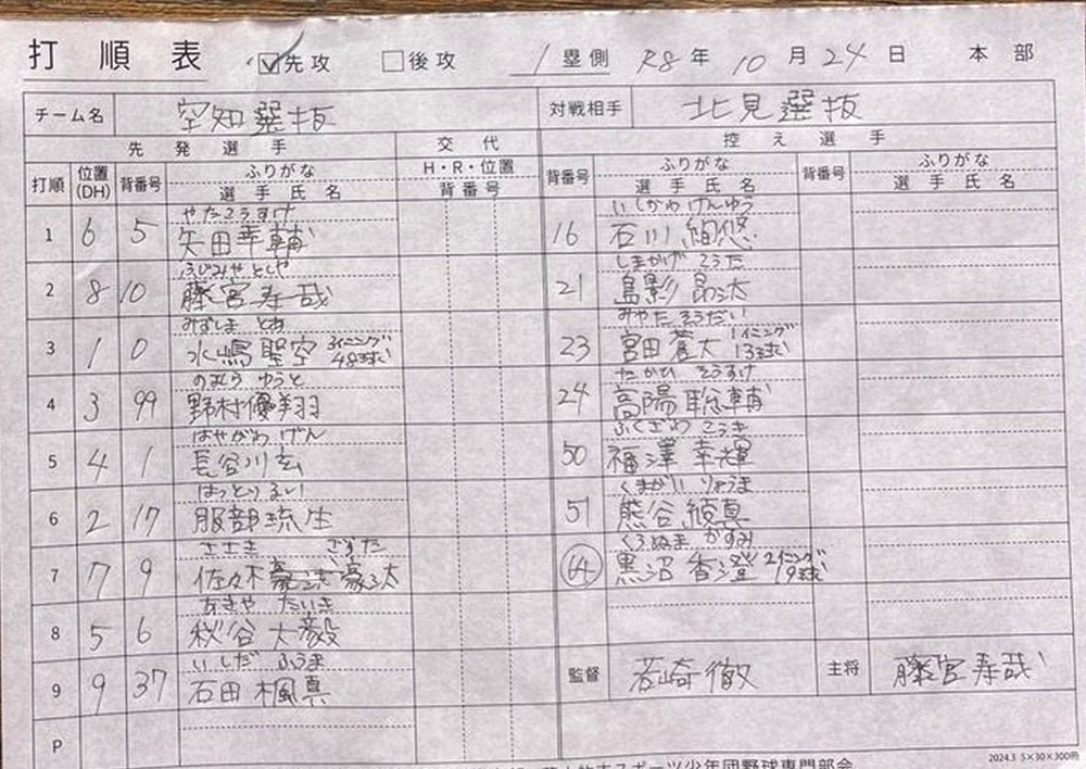 都市対抗戦E-3・空知選抜オーダー表