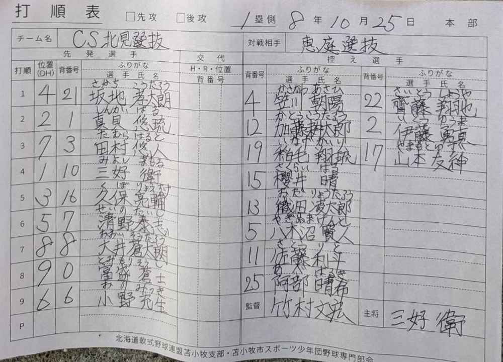 3位決定戦E-7・CS北見選抜オーダー表