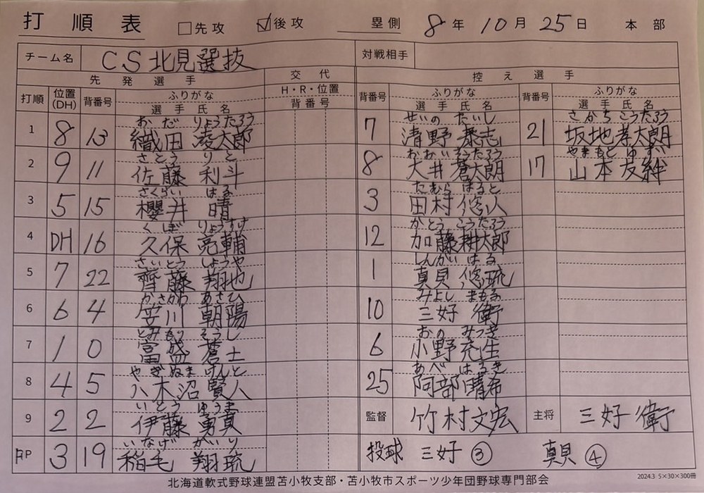 準決勝A-6・CS北見選抜オーダー表