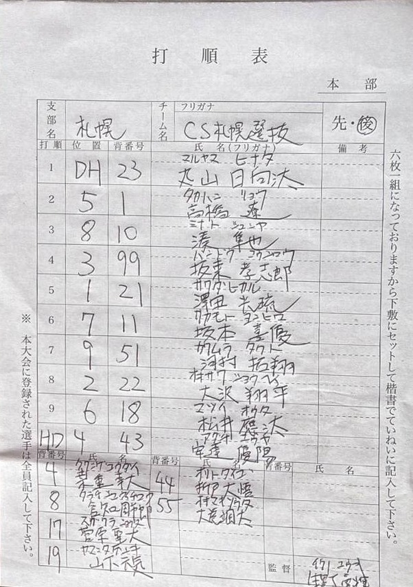 都市対抗戦D-2・CS札幌選抜オーダー表