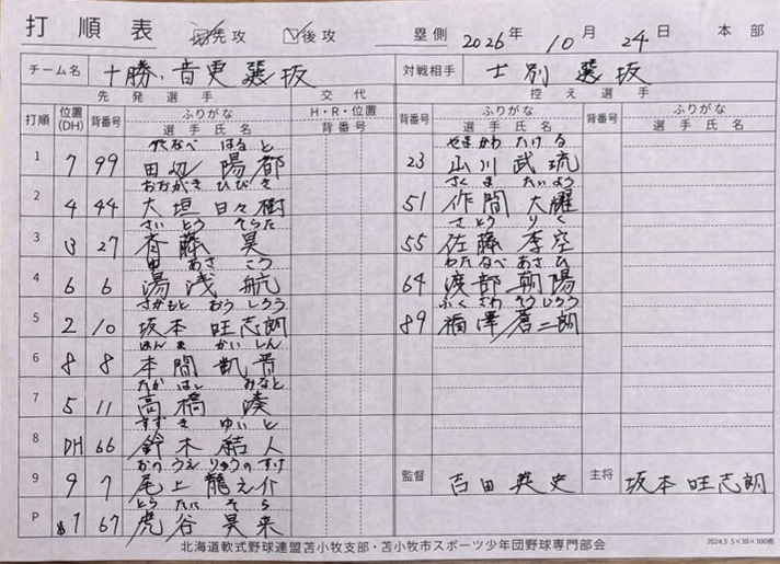 都市対抗戦C-1・十勝・音更選抜オーダー表