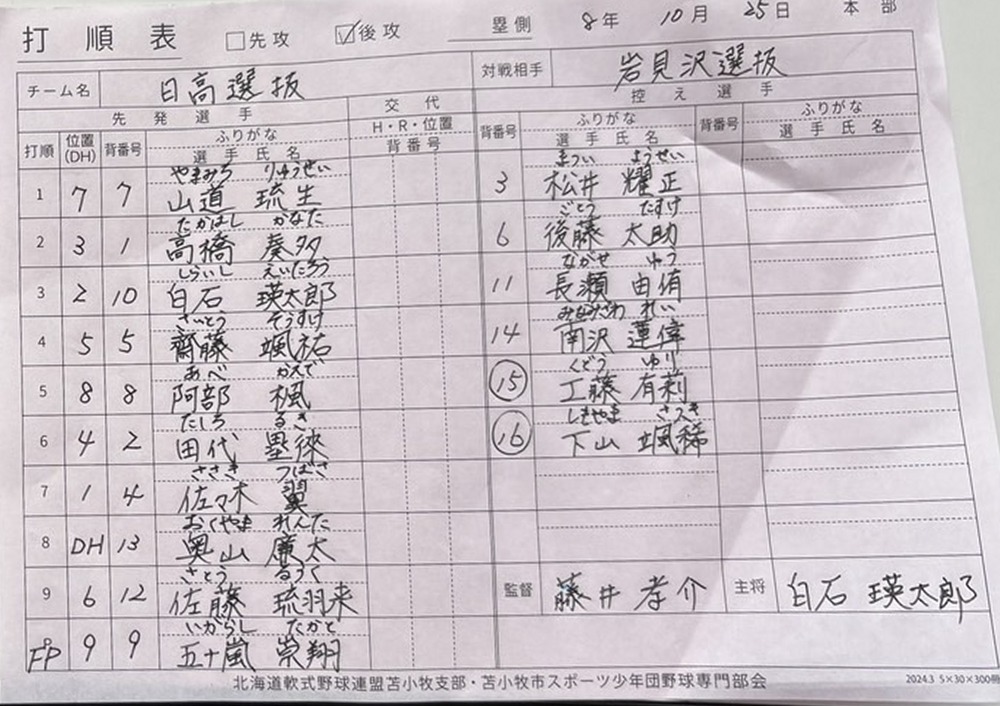 準々決勝A-5・日高選抜オーダー表