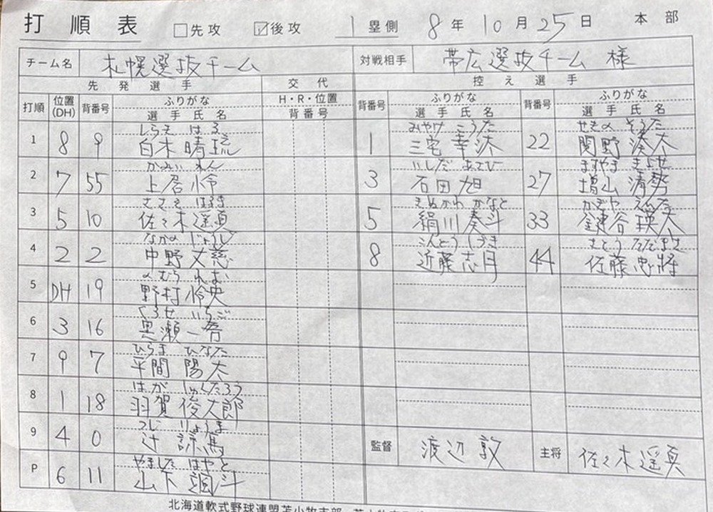 準々決勝E-4・札幌選抜オーダー表