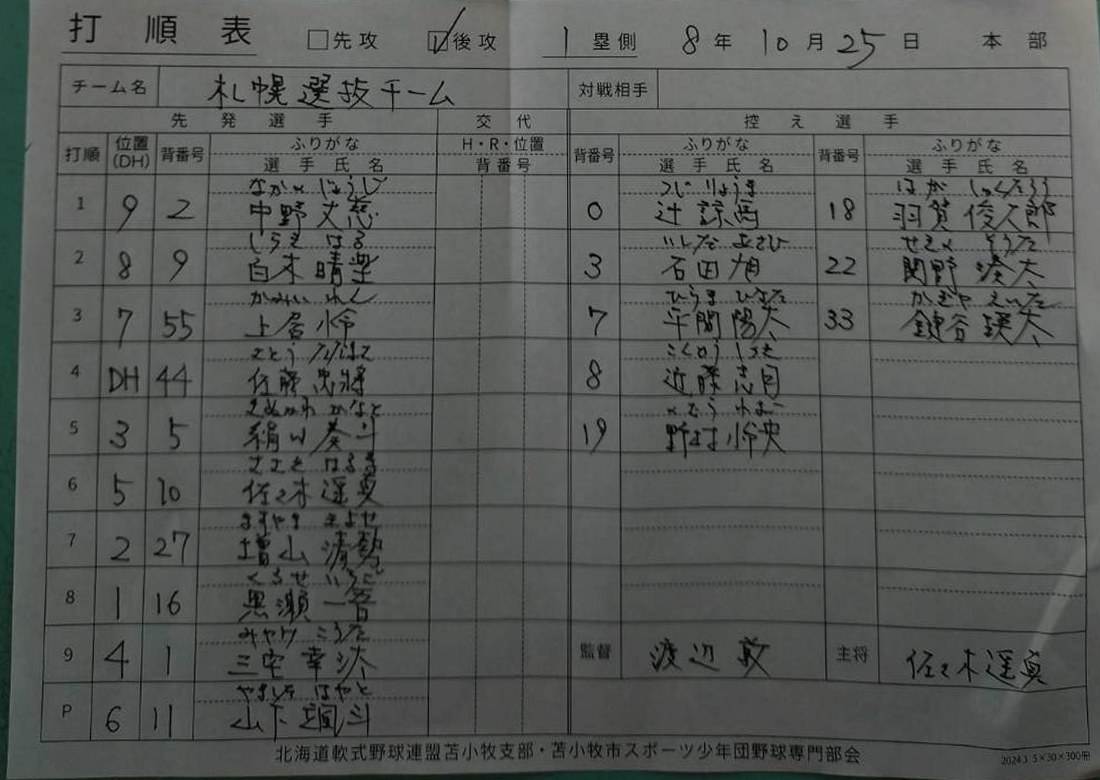 準決勝E-6・札幌選抜オーダー表