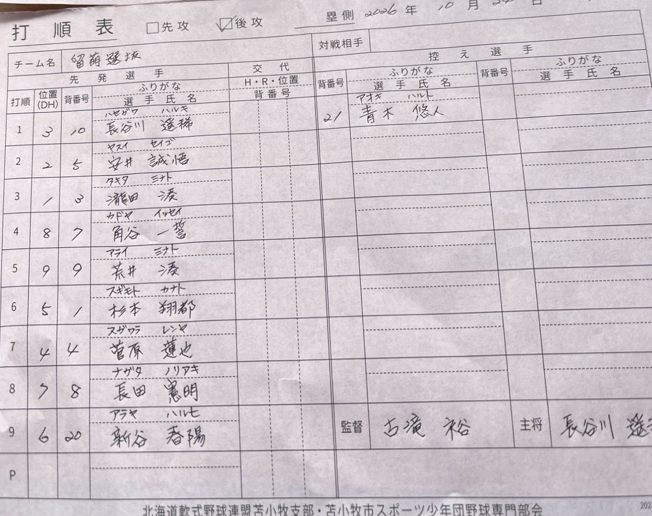 都市対抗戦H-3・留萌選抜オーダー表