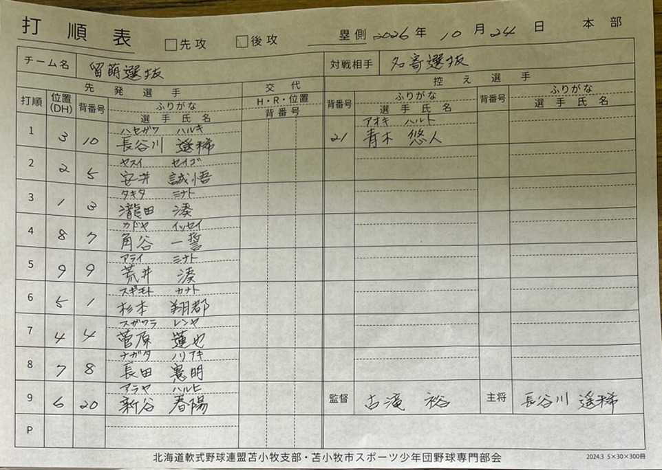 都市対抗戦H-1・留萌選抜オーダー表